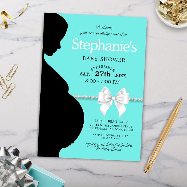 Convites Chá de fraldas Tema de Aqua Glam Tiffany Elegante (Elegant Teal Tiffany Theme Baby Shower Invitation with Silhouette White Bow and Pearls)