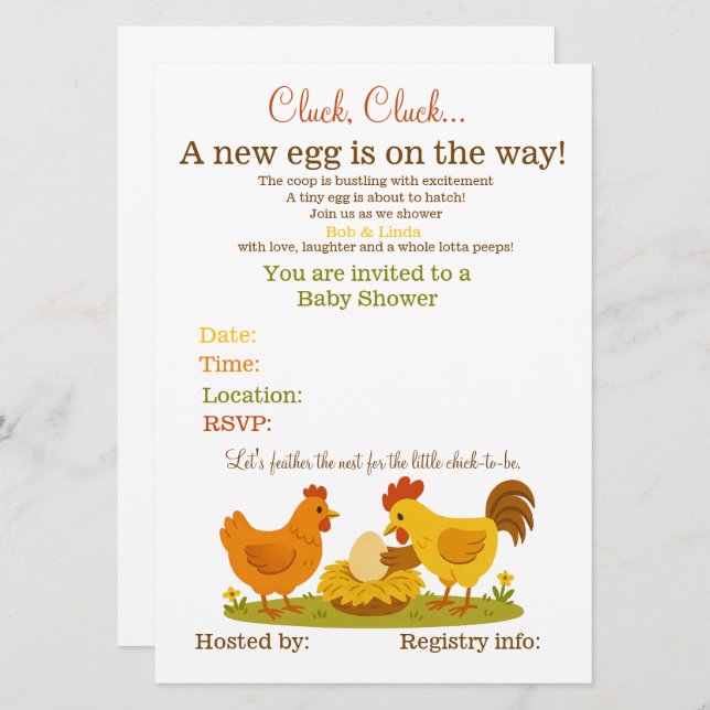 Convites Chá de fraldas temático em galinha (Frente/Verso)
