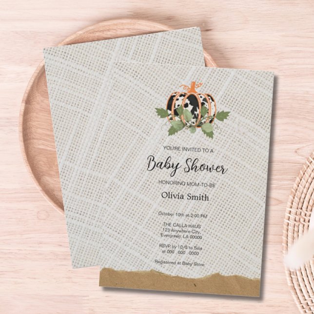 Convites Chá de fraldas Têxtil de Pumpkin Preto e Branco (Black and White Pumpkin Textile Baby Shower Invite)