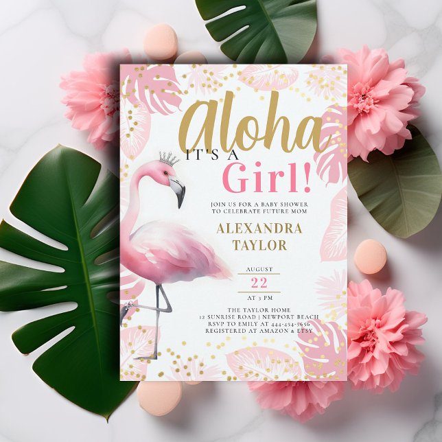 Convites Chá de fraldas Tropical de Aloha, Flamingo, Rosa (pink flamingo baby girl shower invitation summer tropical foliage gold tiara aloha hawaii elegant)