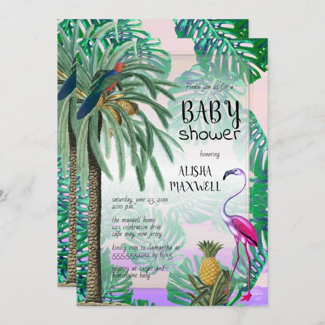Convites Chá de fraldas Tropical de Paraíso Verde Boho (Frente/Verso)