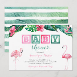 Convites Chá de fraldas Tropical Flamingo Invites, folhagem