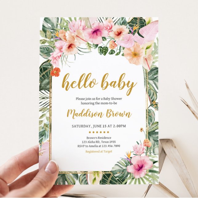 Convites Chá de fraldas Tropical Floral Aloha (Girl Hawaiian Baby Shower Invitation)