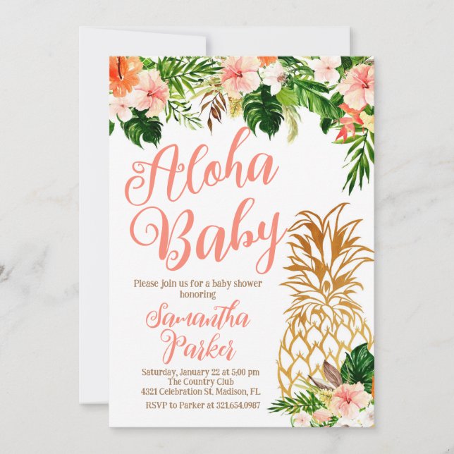 Convites Chá de fraldas Tropical Floral Aloha Pineapple (Frente)