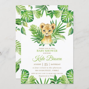 Convites Chá de fraldas Tropical Greenery Boy Cute Lion Cub