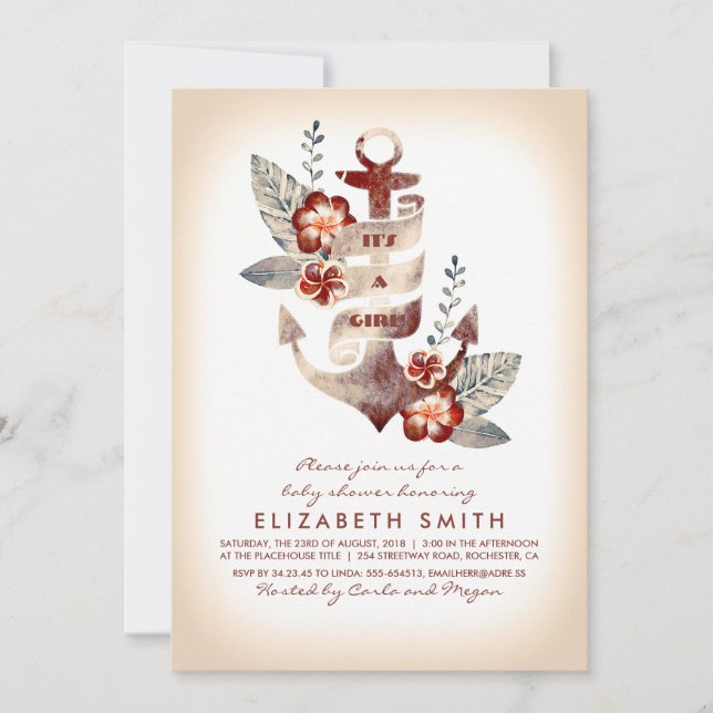 Convites Chá de fraldas tropical marítimo de Anchor Beach (Frente)