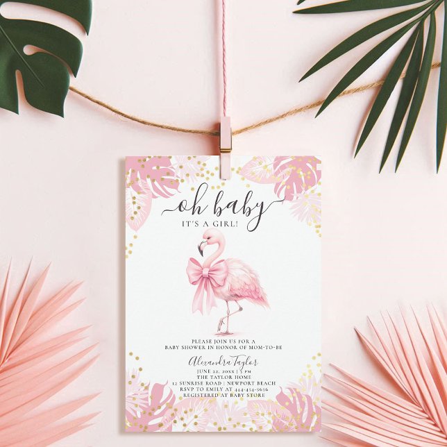Convites Chá de fraldas Tropical Ra Flamingo Coquette (pink flamingo girl baby shower invitation bow coquette watercolor tropical botanical foliage cute)