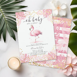 Convites Chá de fraldas Tropical Tiara Dourado Flamingo Ros