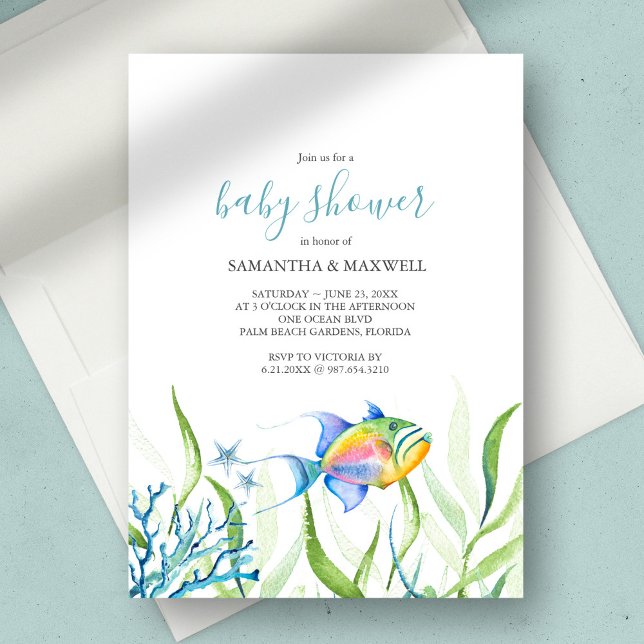 Convites Chá de fraldas Tropical Watercolor (Boy Baby Shower Tropical Watercolor Invitation are and design by Victoria Grigaliunas )