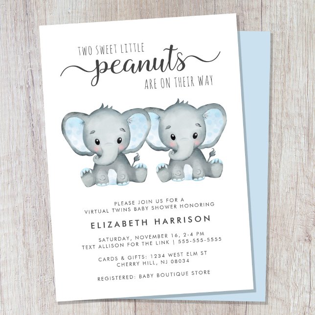 Convites Chá de fraldas Twin de Elefantes Virtuais (Cute twin boys virtual baby shower invitation)