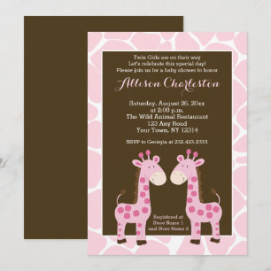 Convites Chá de fraldas Twin Pink Giraffe Girl Twins Convi