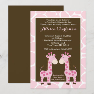 Convites Chá de fraldas Twin Pink Giraffe Girl Twins Convid