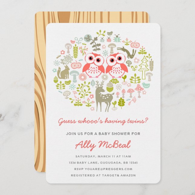 Convites Chá de fraldas Twins Convidam Garotas Rosa (Frente/Verso)