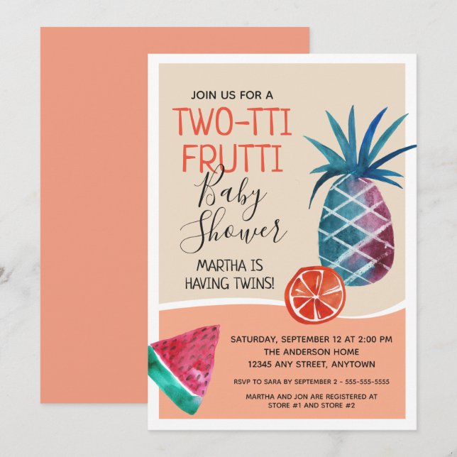 Convites Chá de fraldas Twins de Duas Pontas Frutti (Frente/Verso)