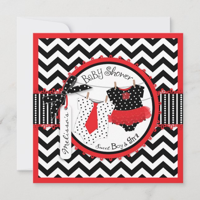 Convites Chá de fraldas Twins Tie Tutu Chevron (Frente)