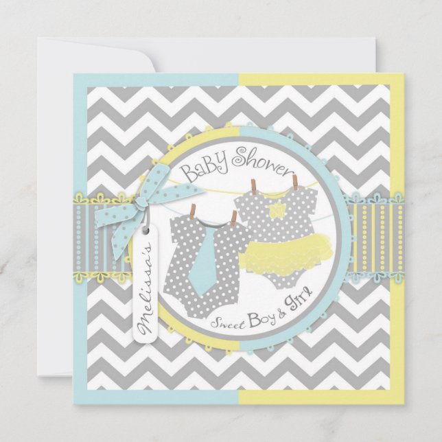Convites Chá de fraldas Twins Tie Tutu Chevron (Frente)