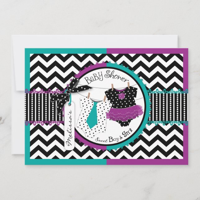 Convites Chá de fraldas Twins Tie Tutu Chevron (Frente)