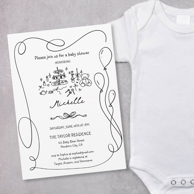 Convites Chá de fraldas Único de Portas Desenhadas à Mão Br (Cute Whimsical Hand Drawn Bear Baby Boy Shower Invitation with balloons frame)