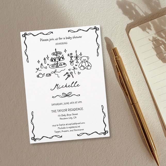 Convites Chá de fraldas Único de Portas Desenhadas à Mão Br (cute whimsical hand drawn doodle for baby shower invitation with cake, cookies, teddy bear, tea...)