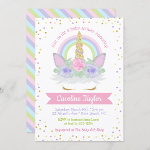Convites Chá de fraldas Unicorn, arco-íris rosa e roxo