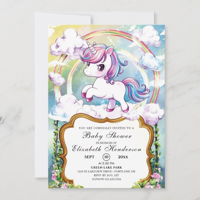 Convites Chá de fraldas Unicorn bonito (Frente)