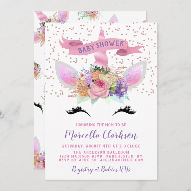 Convites Chá de fraldas Unicorn Floral Brilhante (Frente/Verso)