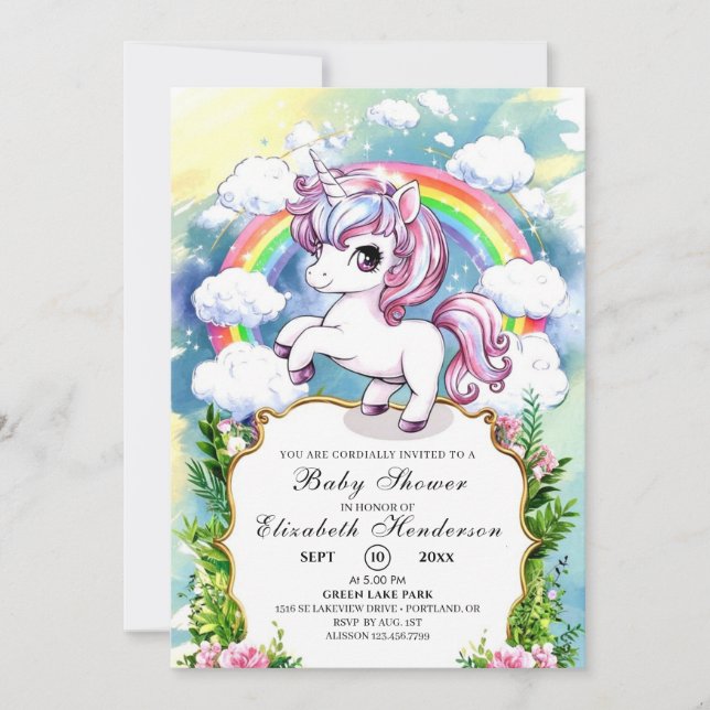 Convites Chá de fraldas Unicorn Personalizado de Aquarela (Frente)
