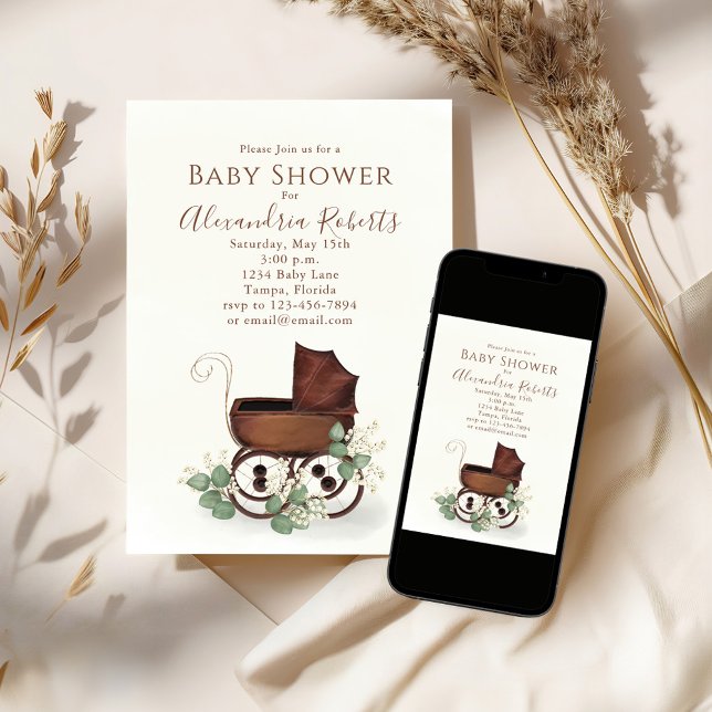 Convites Chá de fraldas Verde Aquarela Moderna Eucalyptus (Baby shower vintage style invitation, )