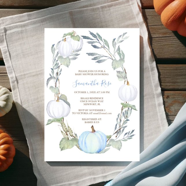 Convites Chá de fraldas verde azul e BRANCO (Pumpkin baby shower blue and white boy fall  watercolor )