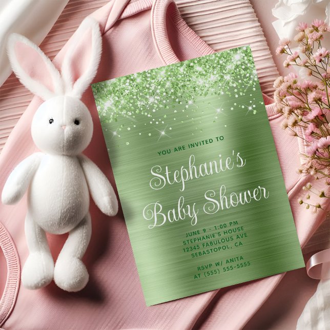 Convites Chá de fraldas Verde Claro da Leve (Glittery Light Green Baby Shower Invitation)