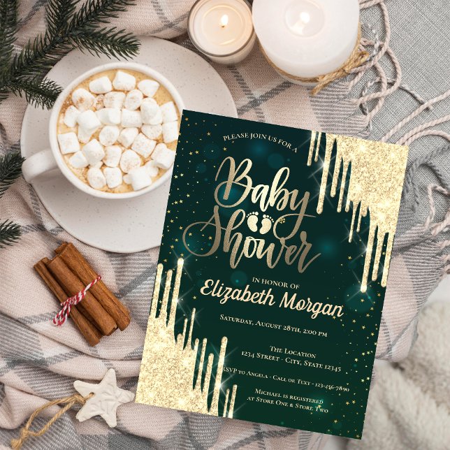 Convites Chá de fraldas Verde com Glitter Chic Elegante (Criador carregado)