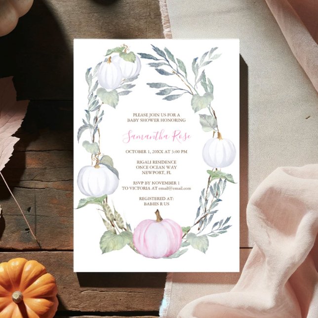 Convites Chá de fraldas verde cor-de-rosa e branco (Girl baby shower pink watercolor pumpkin fall invitations)