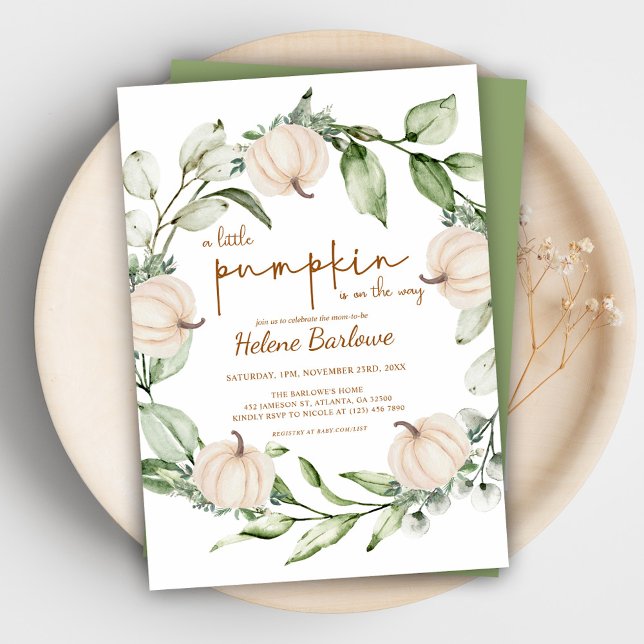 Convites Chá de fraldas verde da abóbora (Fall Pumpkin Greenery Baby Shower Invitation)