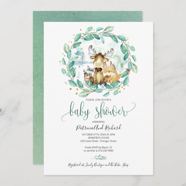 Convites Chá de fraldas verde de animais de floresta (Frente/Verso)