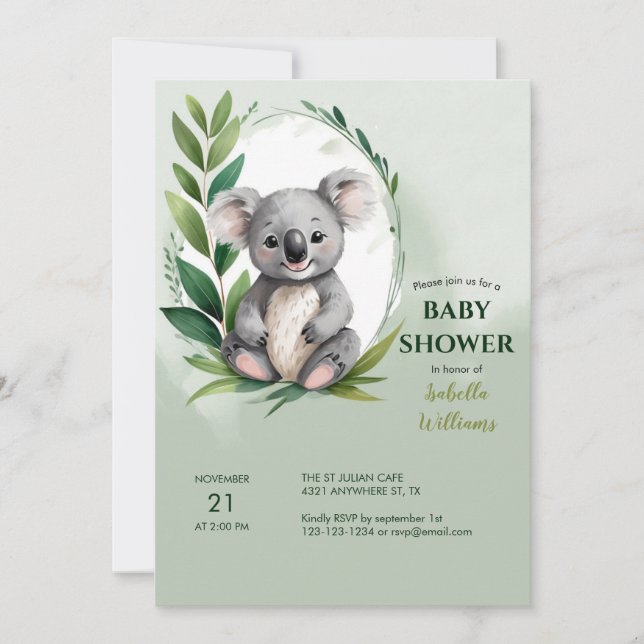 Convites Chá de fraldas Verde de Aquarela do Urso Koala (Frente)