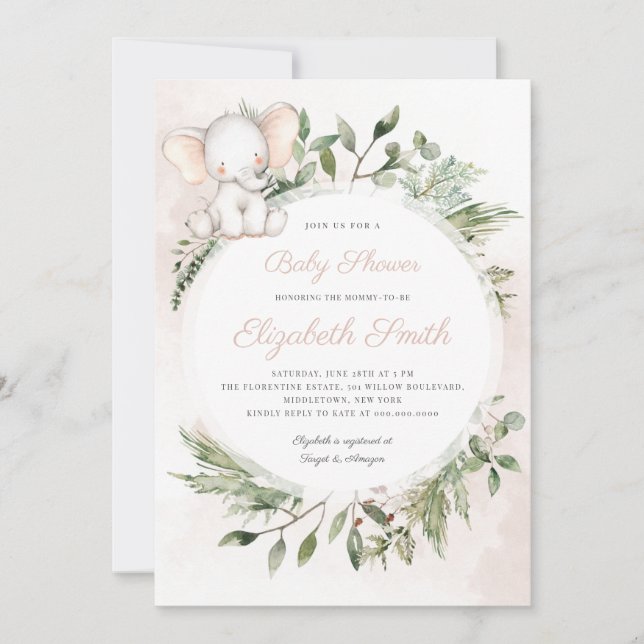 Convites Chá de fraldas verde de elefante de amendoim (Frente)