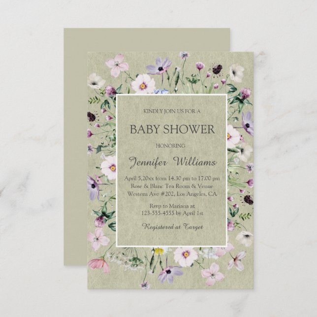 Convites chá de fraldas verde de flores silvestres elegante (Frente/Verso)