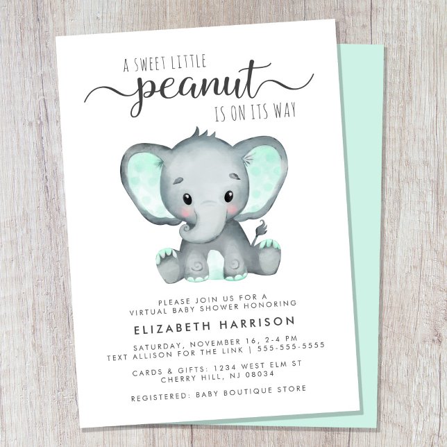 Convites Chá de fraldas Verde de Mint de Elefante Virtual (Cute gender-neutral virtual baby shower invitation)