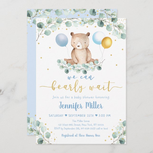 Convites Chá de fraldas verde Dourado do urso de floresta (Frente/Verso)
