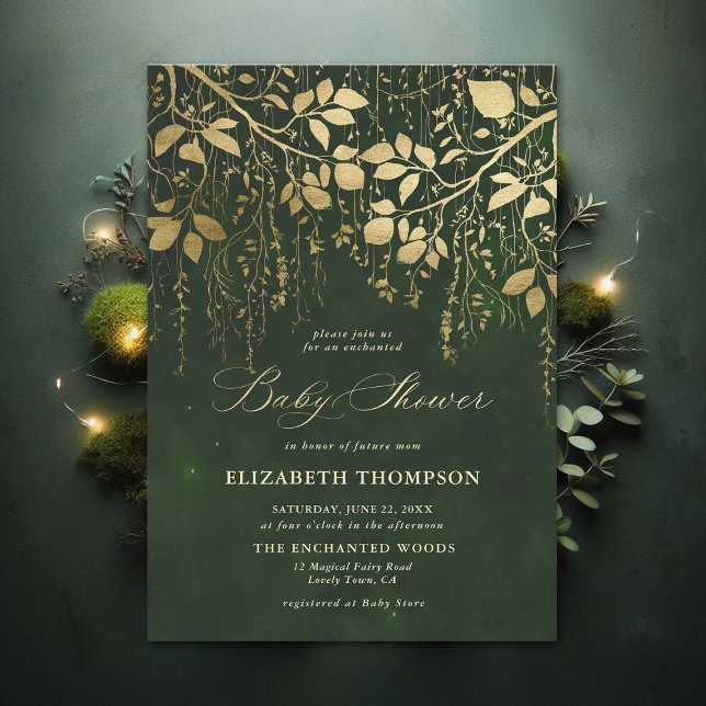 Convites Chá de fraldas Verde Dourado Floresta Encantada (Enchanted Forest Hunter Green Draped Greenery Modern Calligraphy Neutral Baby Shower Invitation)