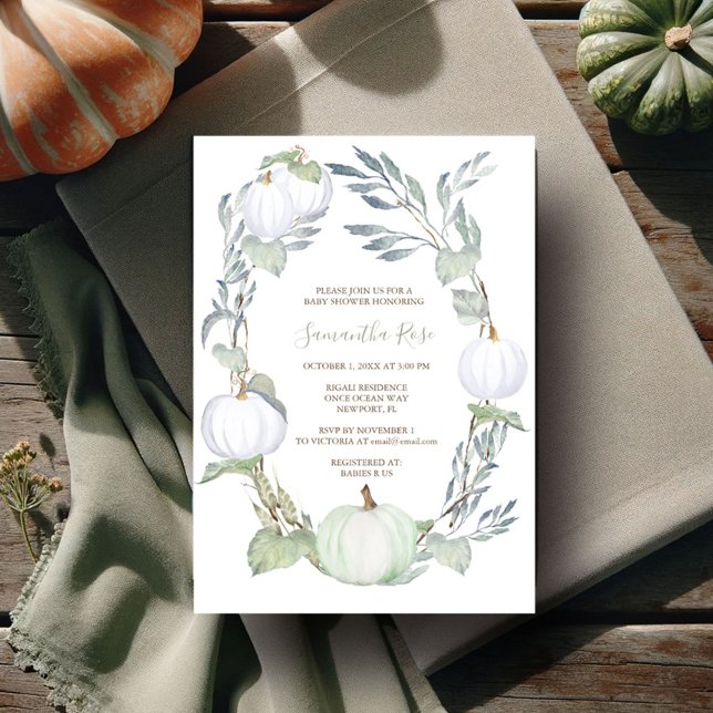 Convites Chá de fraldas Verde e BRANCO (gender neutral baby shower invitations watercolor fall pumpkin in green and white)