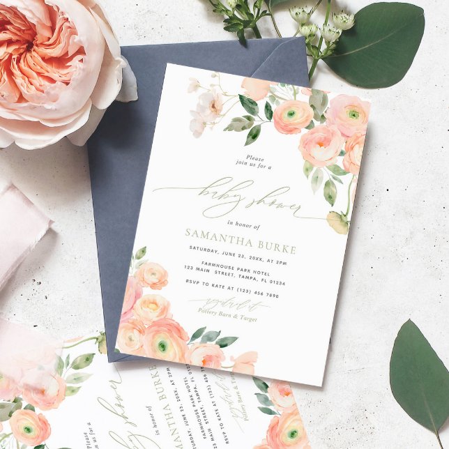 Convites Chá de fraldas Verde Elegante Blush & Sage (Criador carregado)