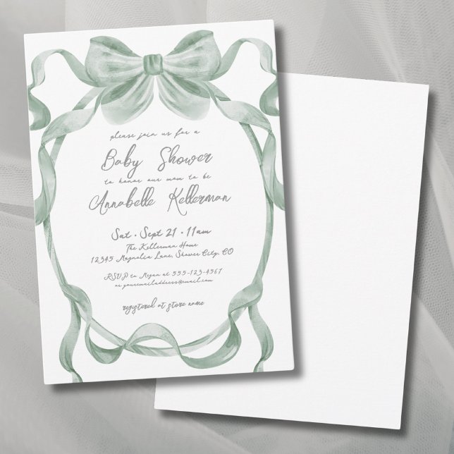 Convites Chá de fraldas Verde Elegante Sage (Elegant Sage Green Bow Baby Shower Invitation)