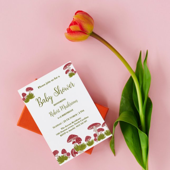 Convites Chá de fraldas Verde Goblincore Fly Mushroom (Criador carregado)