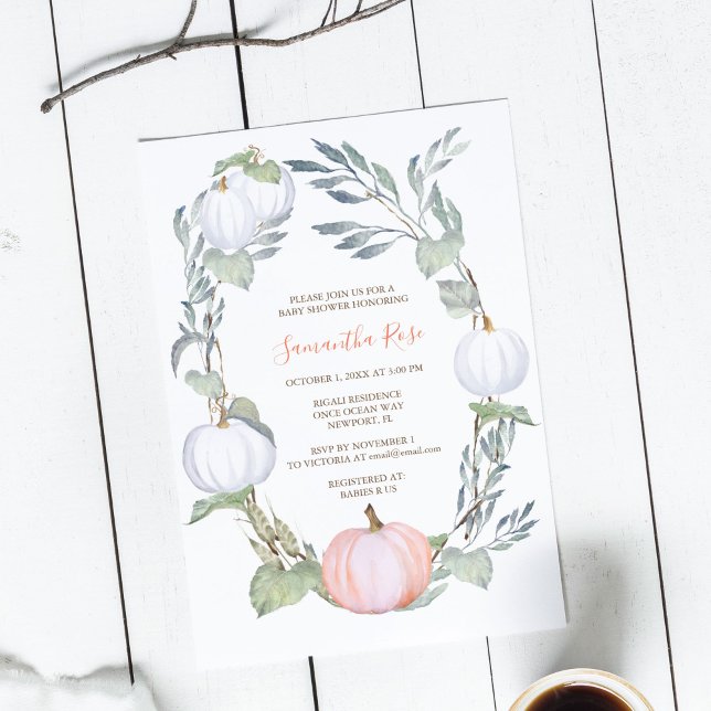 Convites Chá de fraldas verde laranja e BRANCO (Gender neutral baby shower invitations feature watercolor white and peach pumpkins. )
