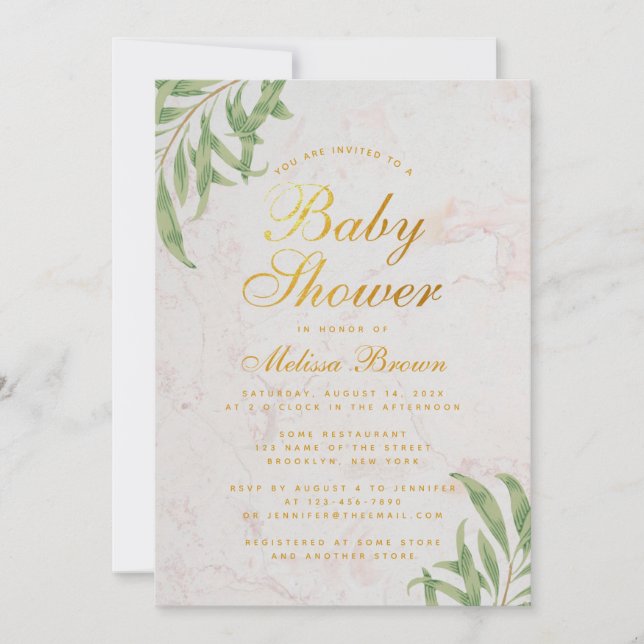 Convites Chá de fraldas Verde Marble Faux Gold Foil Script (Frente)