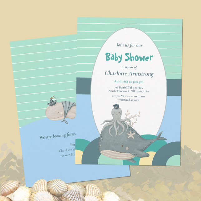 Convites Chá de fraldas Verde Octopus de Baleia Náutica Ado (Lovable Nautical Whale Squid Green Baby Shower Invitation ©Susanne Sachers - Sunny Mind Design 🌞)