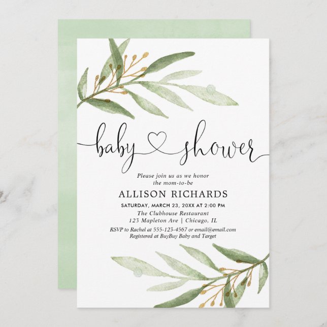 Convites chá de fraldas verde ouro verde neutro em função d (Frente/Verso)