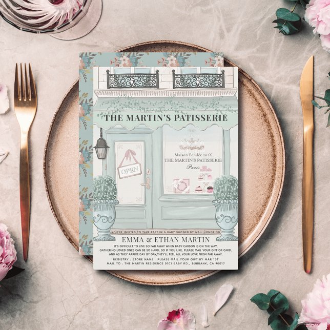 Convites Chá de fraldas Verde Patisserie da Bakery Francesa (Criador carregado)