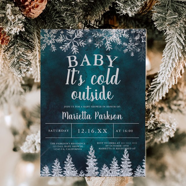 Convites Chá de fraldas verde prateado de inverno (Winter Christmas silver snow green baby shower Invitation)
